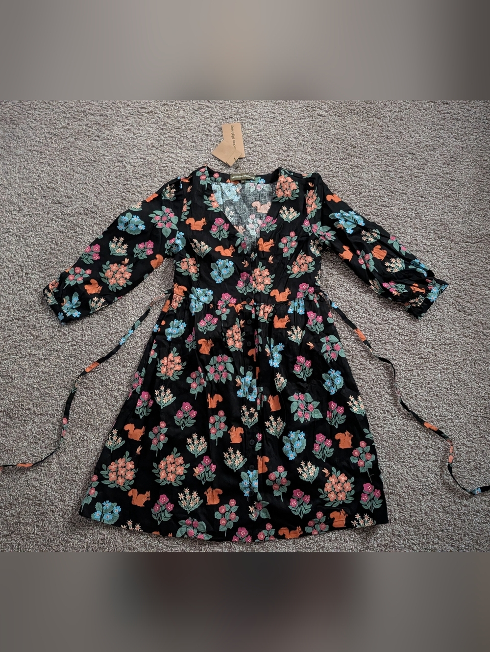 Princess Highway Cute Squirrel Floral Button Up Linen Cotton Dress Bow Autumn Xs